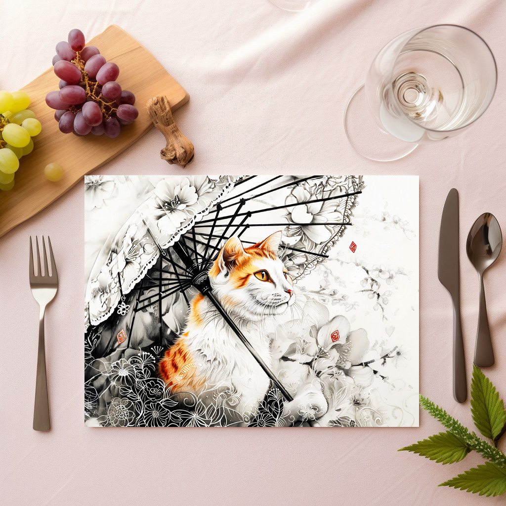 raxxa Premium-Tischset: Graceful Geisha Cat with White Orchids in Chinese Ink Painting Style