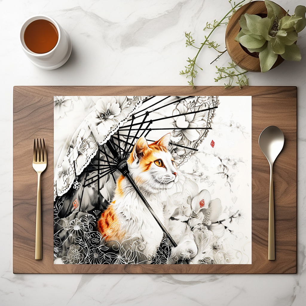 raxxa Premium-Tischset: Graceful Geisha Cat with White Orchids in Chinese Ink Painting Style - Imagen 2