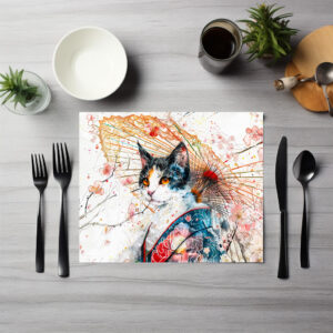 raxxa Premium-Tischset: Calico Geisha Cat with Red Umbrella in Chinese Ink Painting Style
