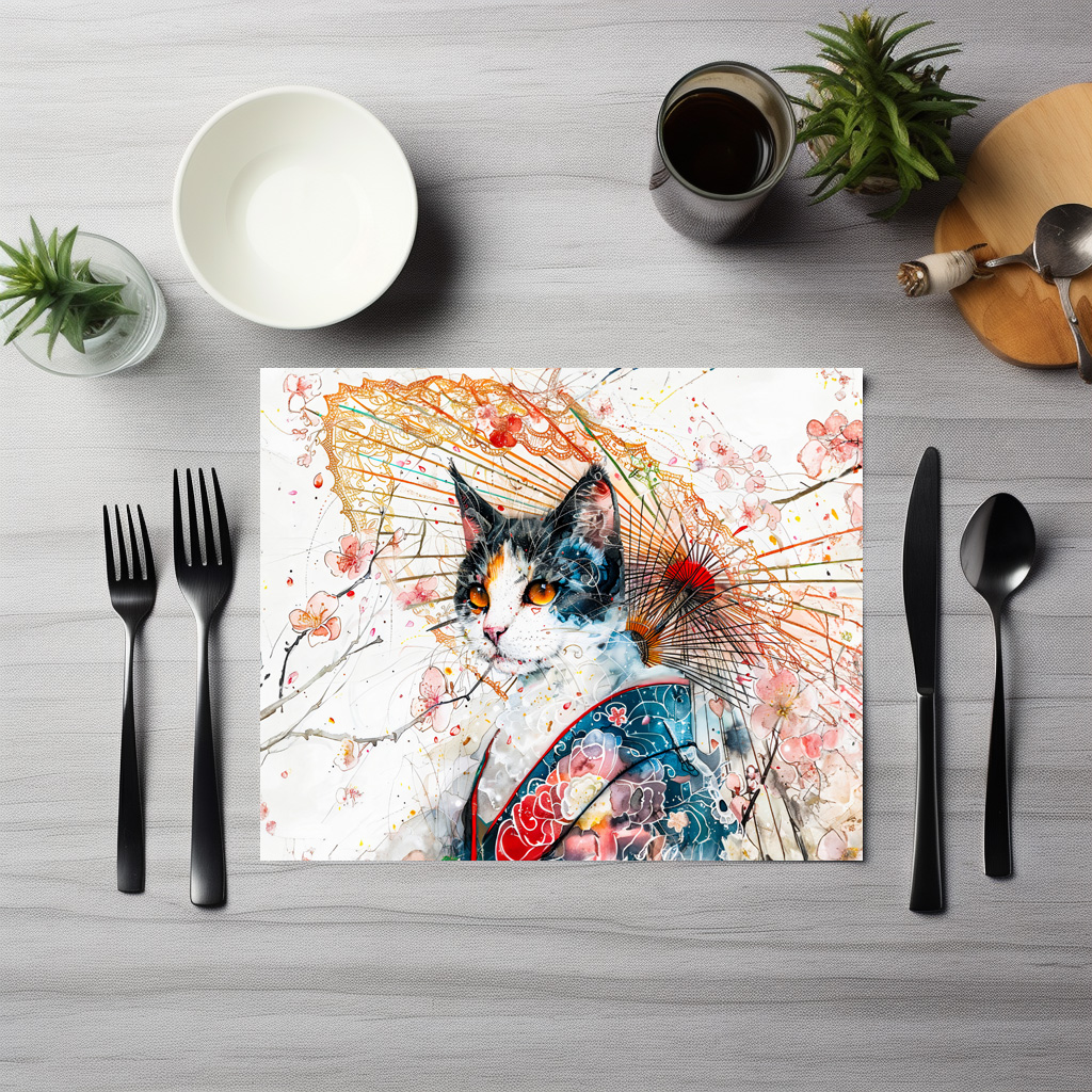 raxxa Premium-Tischset: Calico Geisha Cat with Red Umbrella in Chinese Ink Painting Style