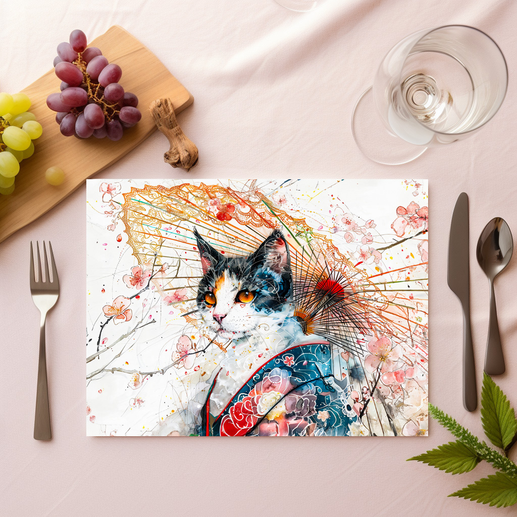 raxxa Premium-Tischset: Calico Geisha Cat with Red Umbrella in Chinese Ink Painting Style – Bild 2
