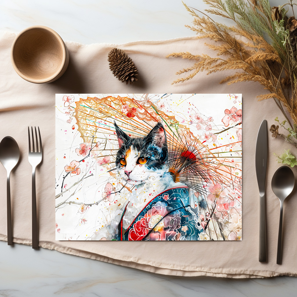 raxxa Premium-Tischset: Calico Geisha Cat with Red Umbrella in Chinese Ink Painting Style – Bild 3