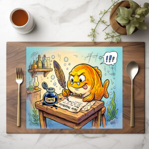 raxxa Premium-Tischset: Fish with Ink Bottle on Wooden Table