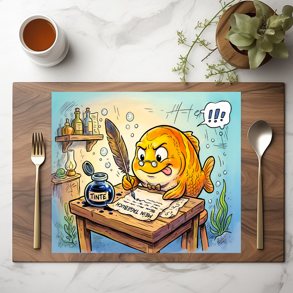 raxxa Premium-Tischset: Fish with Ink Bottle on Wooden Table
