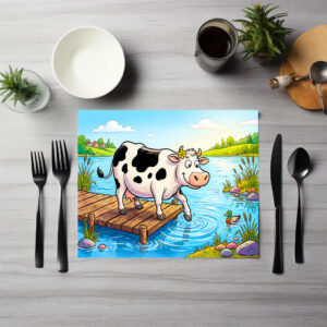 raxxa Premium-Tischset: Cow Standing Beside a Lake in Peaceful Landscape