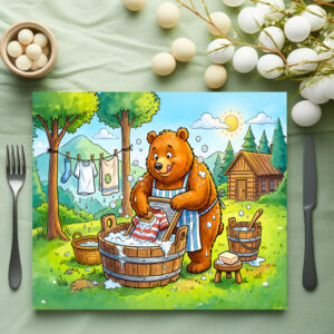 raxxa Premium-Tischset: Bear Washing Laundry Outdoors in Forest