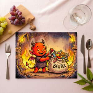 raxxa Premium-Tischset: Little Devil Carrying a Large Bag in Fiery Cave