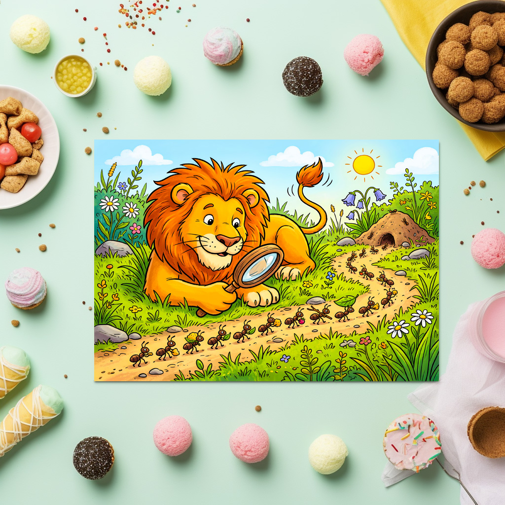 raxxa Premium-Tischset: Lion Observing a Line of Ants with Magnifying Glass