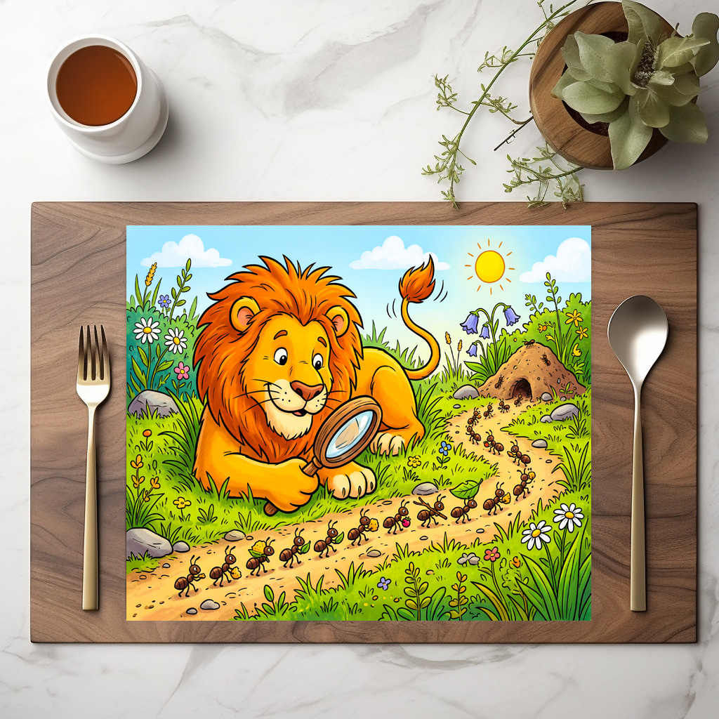 raxxa Premium-Tischset: Lion Observing a Line of Ants with Magnifying Glass – Bild 2