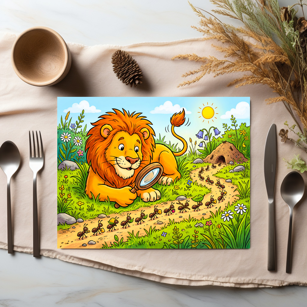 raxxa Premium-Tischset: Lion Observing a Line of Ants with Magnifying Glass – Bild 3