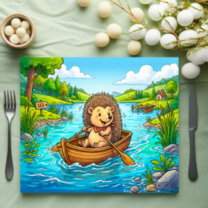 raxxa Premium-Tischset: Hedgehog Rowing a Small Boat on a Calm Lake