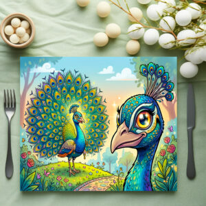 raxxa Premium-Tischset: Peacock Holding a Large Cartoon Eye Outdoors