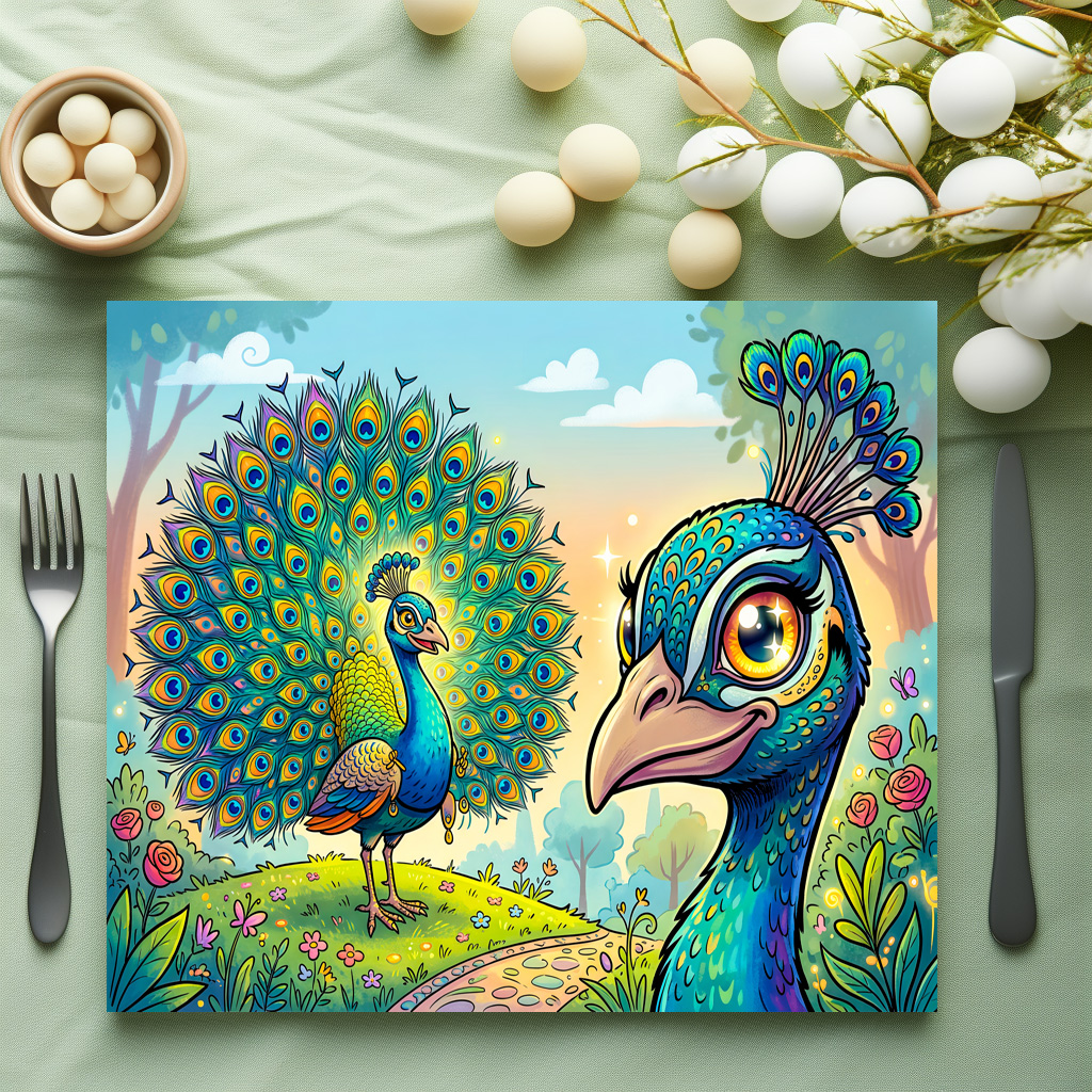 raxxa Premium-Tischset: Peacock Holding a Large Cartoon Eye Outdoors