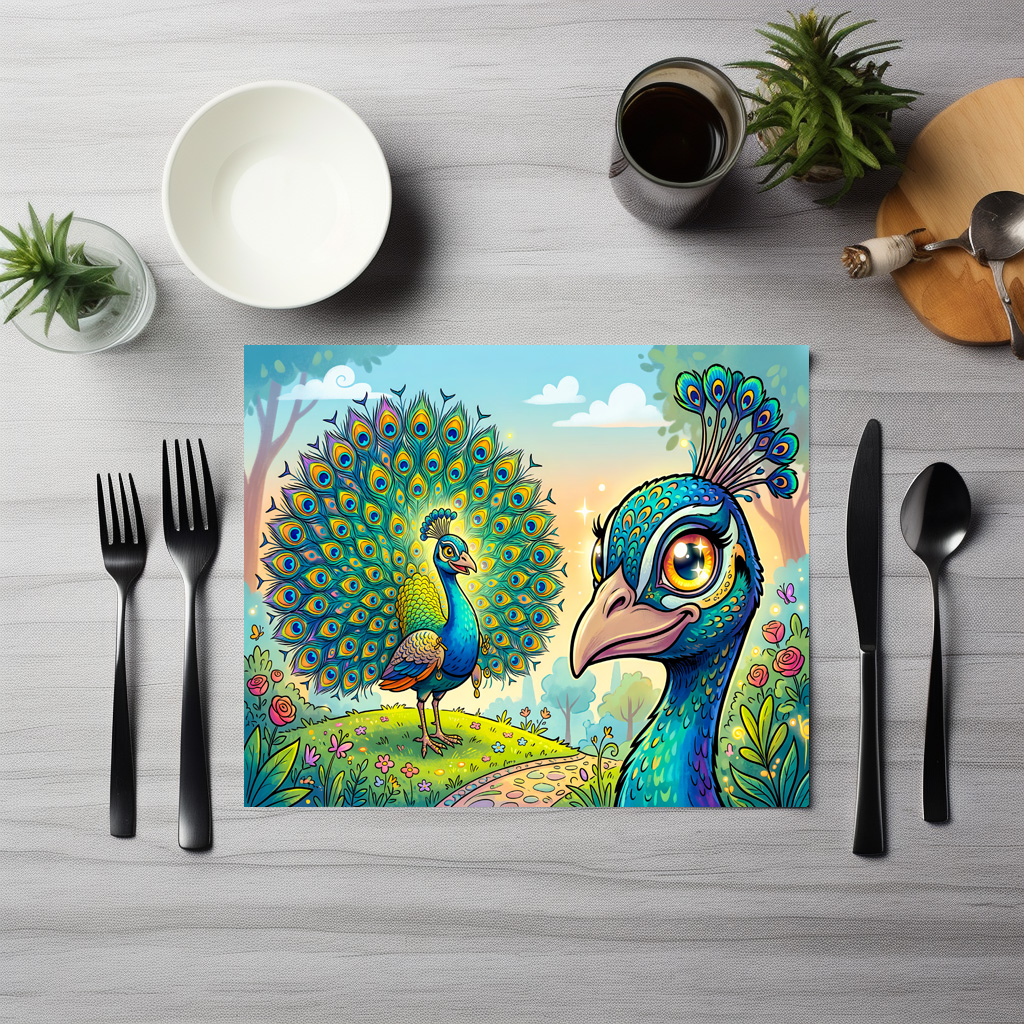 raxxa Premium-Tischset: Peacock Holding a Large Cartoon Eye Outdoors – Image 2