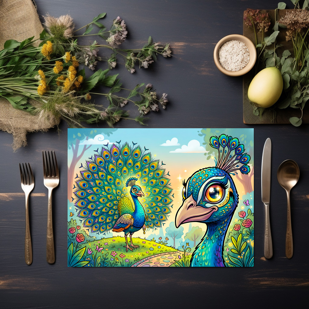 raxxa Premium-Tischset: Peacock Holding a Large Cartoon Eye Outdoors – Image 3