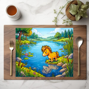raxxa Premium-Tischset: Small Pony Standing Beside a Lake in Peaceful Nature