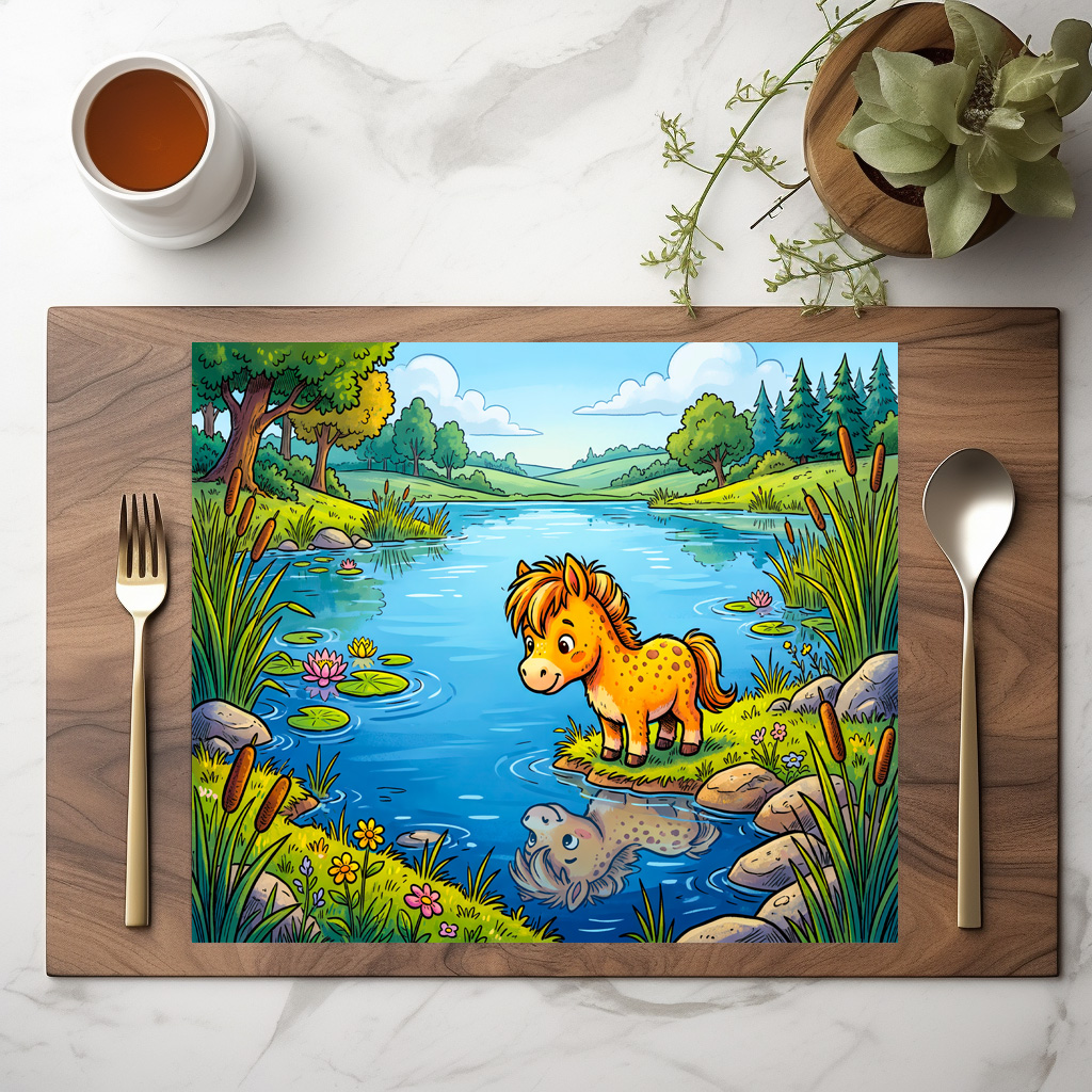 raxxa Premium-Tischset: Small Pony Standing Beside a Lake in Peaceful Nature