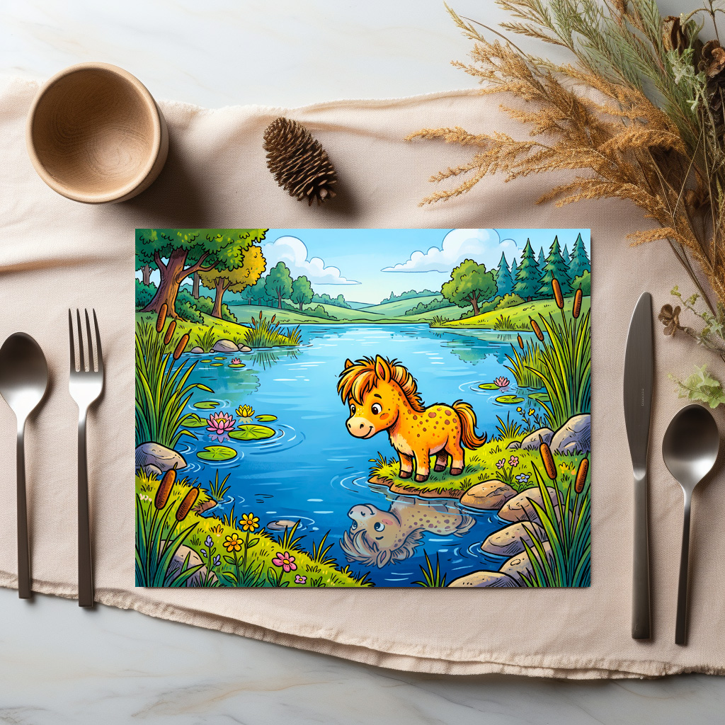 raxxa Premium-Tischset: Small Pony Standing Beside a Lake in Peaceful Nature – Bild 2
