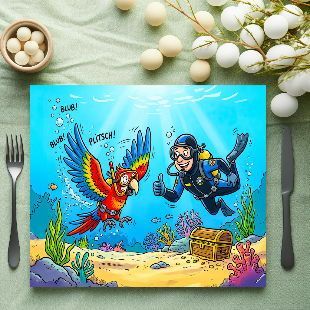 raxxa Premium-Tischset: Parrot and Diver Underwater in Colorful Ocean Scene – Bild 2