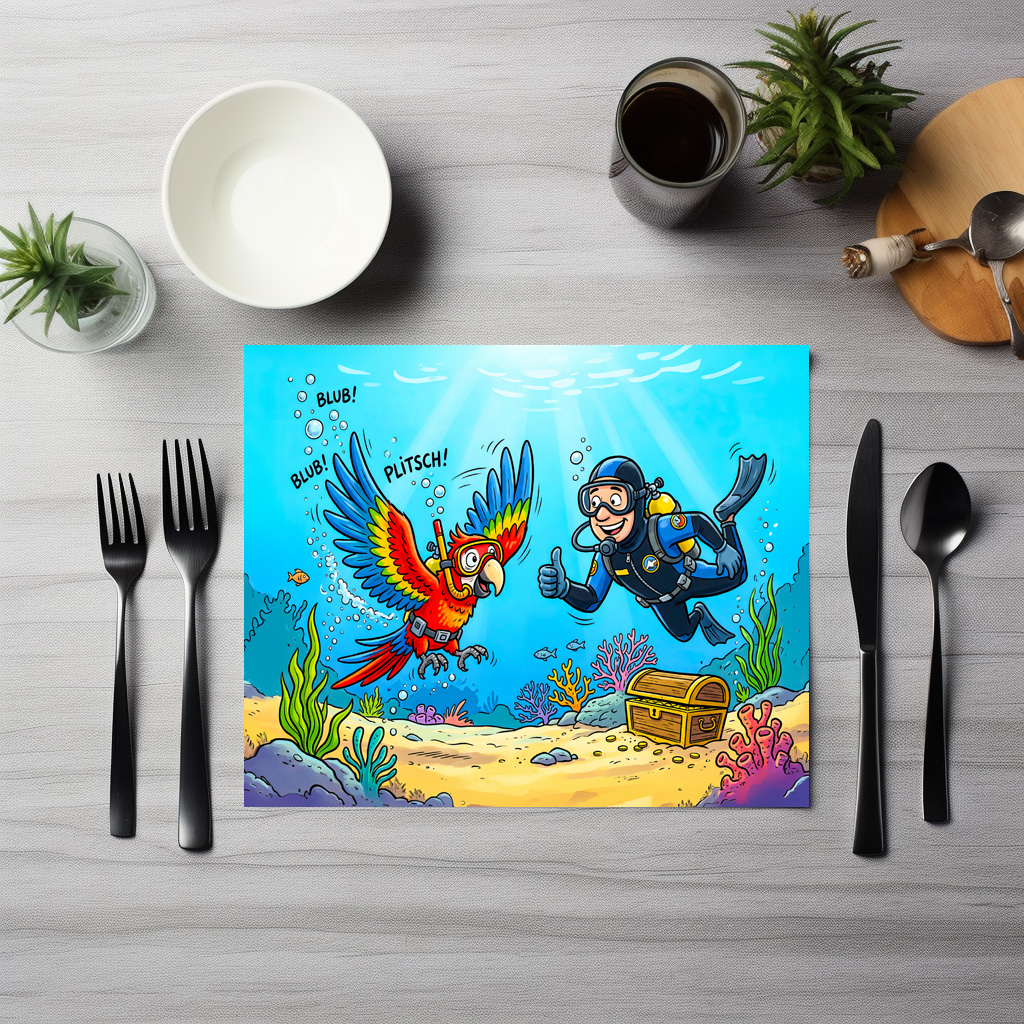 raxxa Premium-Tischset: Parrot and Diver Underwater in Colorful Ocean Scene – Bild 3