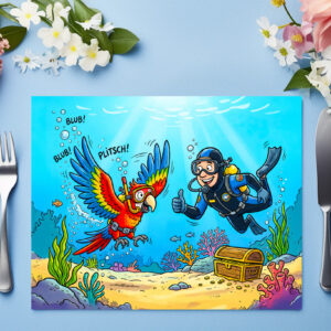 raxxa Premium-Tischset: Parrot and Diver Underwater in Colorful Ocean Scene