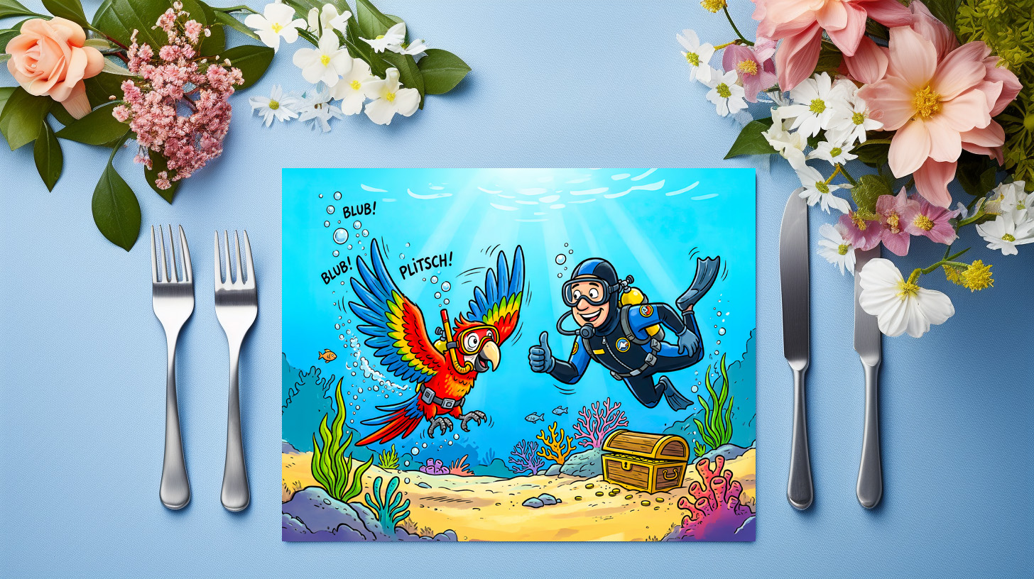 raxxa Premium-Tischset: Parrot and Diver Underwater in Colorful Ocean Scene