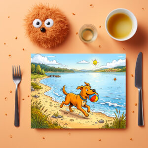raxxa Premium-Tischset: Dog Sitting Beside a Lake in Peaceful Nature Scene
