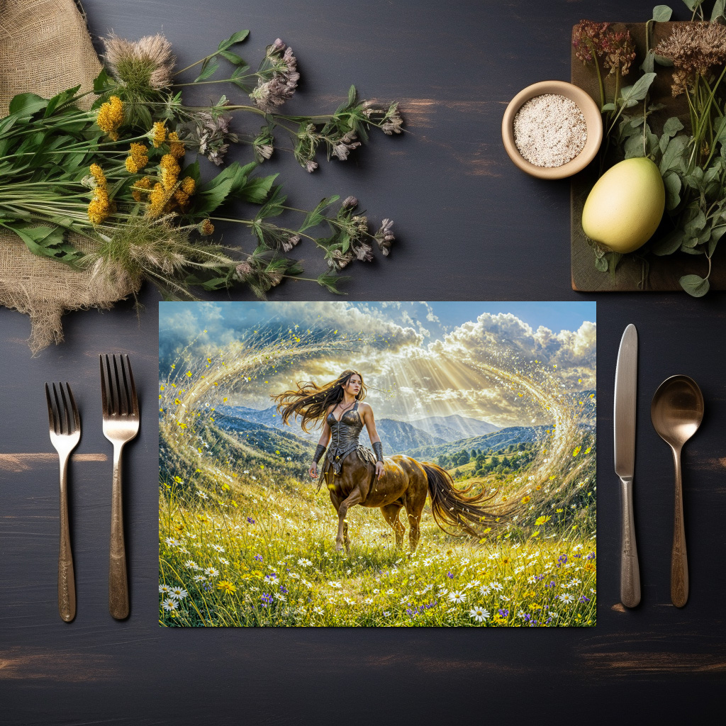 raxxa Premium-Tischset: Dynamic Fantasy Centauride in Radiant Magical Landscape - Image 3