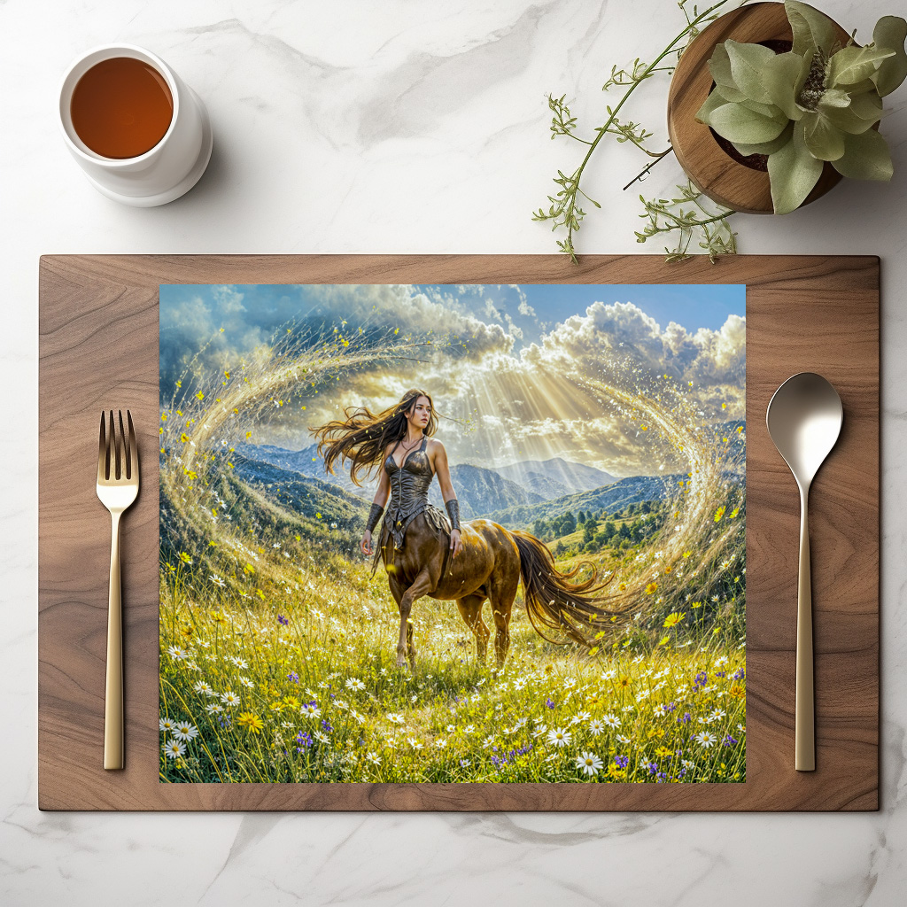 raxxa Premium-Tischset: Dynamic Fantasy Centauride in Radiant Magical Landscape