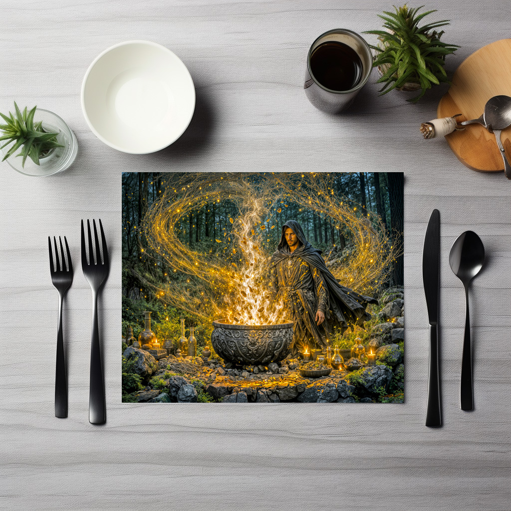 raxxa Premium-Tischset: Dynamic Fantasy Wizard with Glowing Magical Cauldron – Image 3