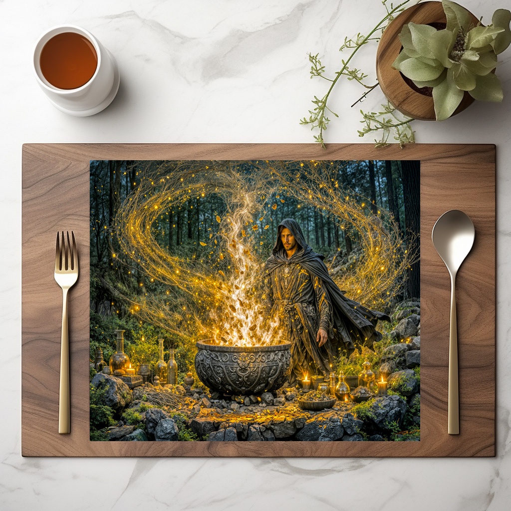 raxxa Premium-Tischset: Dynamic Fantasy Wizard with Glowing Magical Cauldron