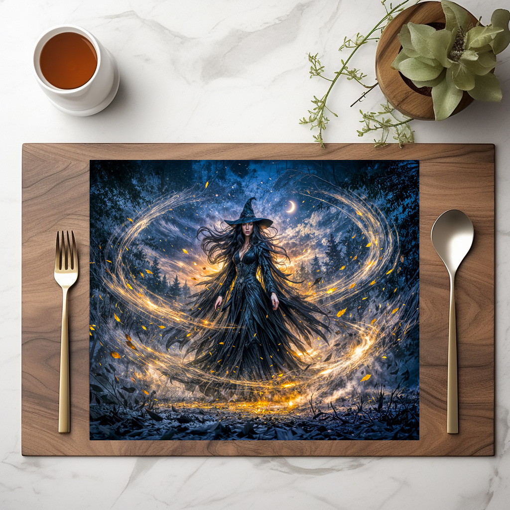 raxxa Premium-Tischset: Dynamic Fantasy Witch with Magical Atmospheric Energy