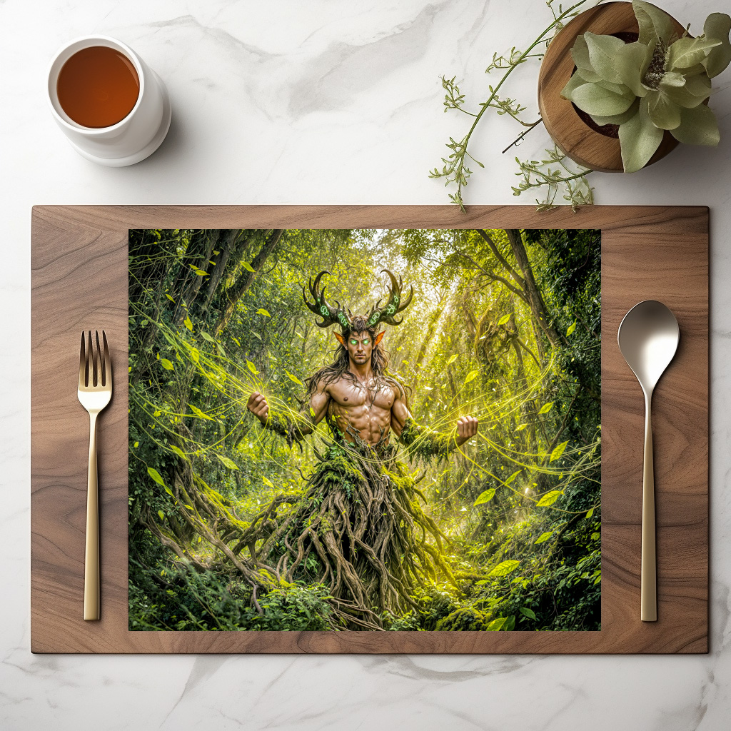 raxxa Premium-Tischset: Dynamic Fantasy Faun in Enchanted Forest Atmosphere