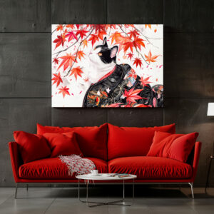 Poster: Curious Kitten in Autumn Leaves in Chinese Ink Painting Style