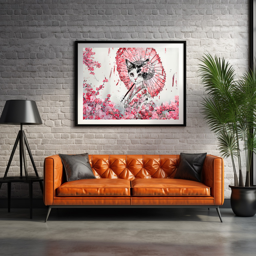 Poster: Serene Geisha Cat with Red Parasol and Cherry Blossoms in Chinese Ink Painting Style