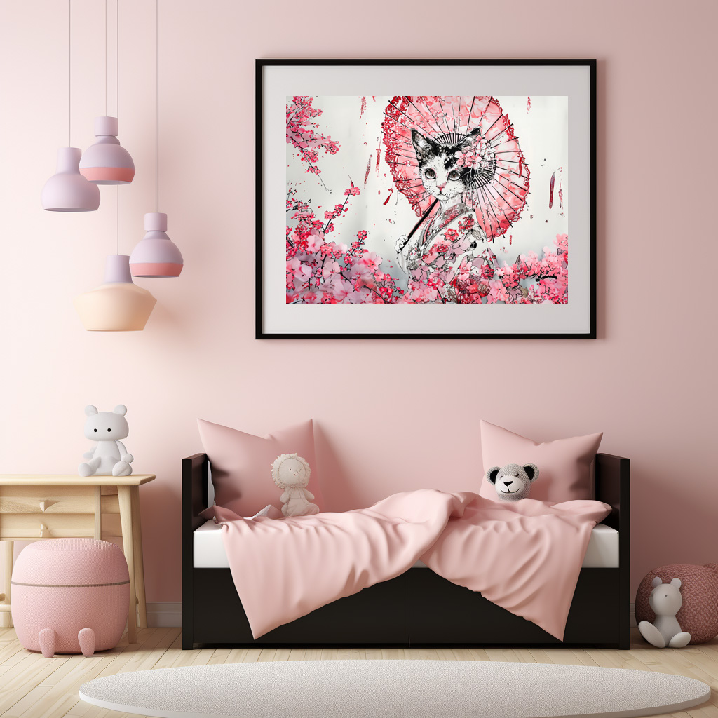 Poster: Serene Geisha Cat with Red Parasol and Cherry Blossoms in Chinese Ink Painting Style - Image 2