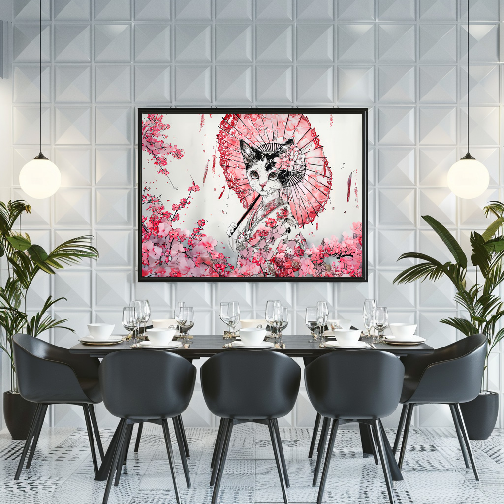 Poster: Serene Geisha Cat with Red Parasol and Cherry Blossoms in Chinese Ink Painting Style - Image 3