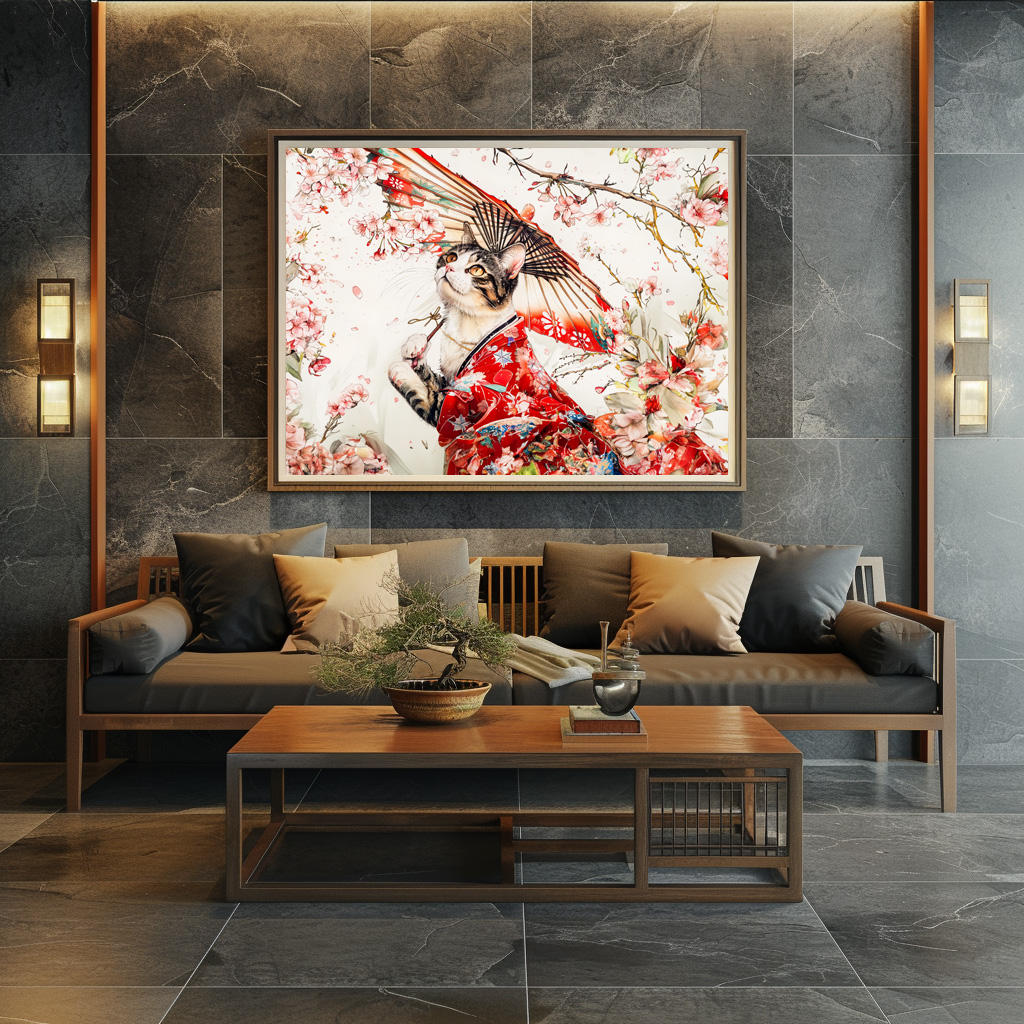 Poster: Serene Geisha Cat in Red Kimono and Cherry Blossoms, Chinese Ink Painting