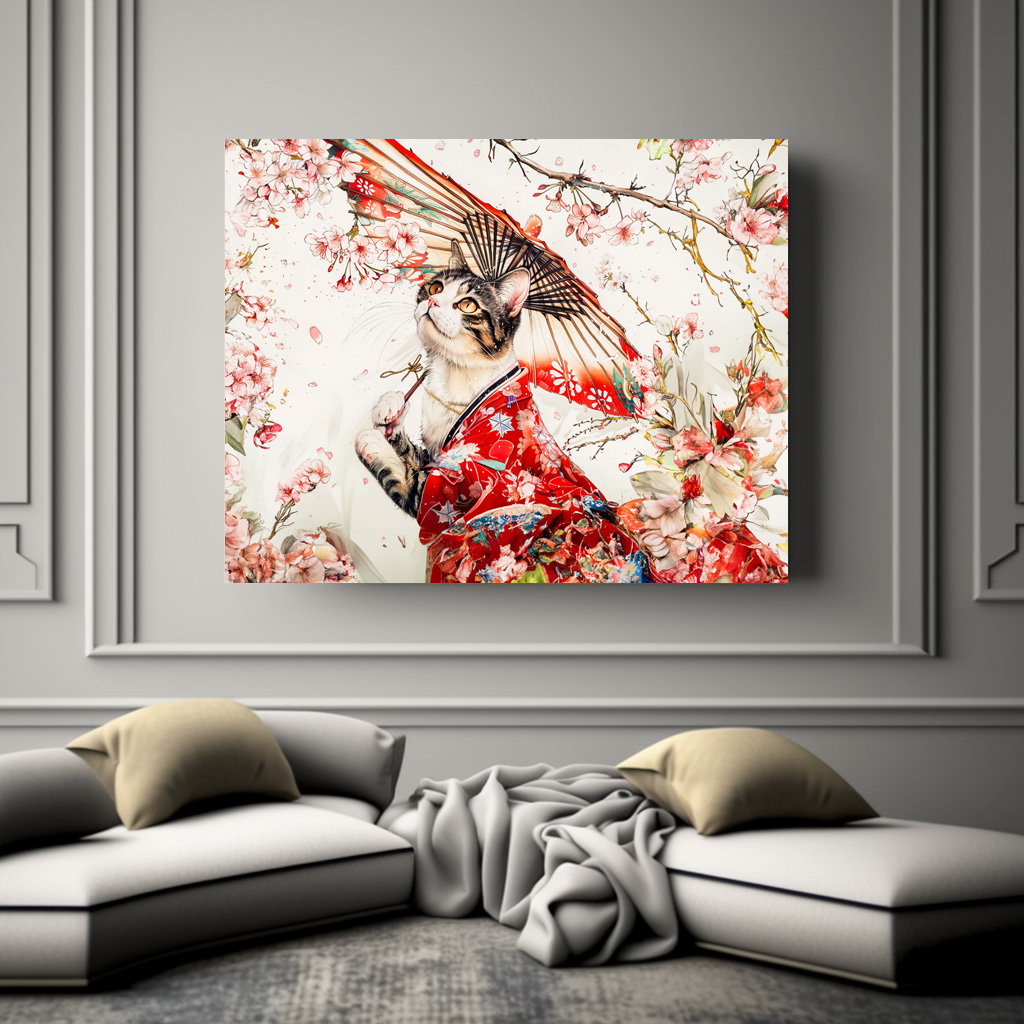 Poster: Serene Geisha Cat in Red Kimono and Cherry Blossoms, Chinese Ink Painting – Image 2