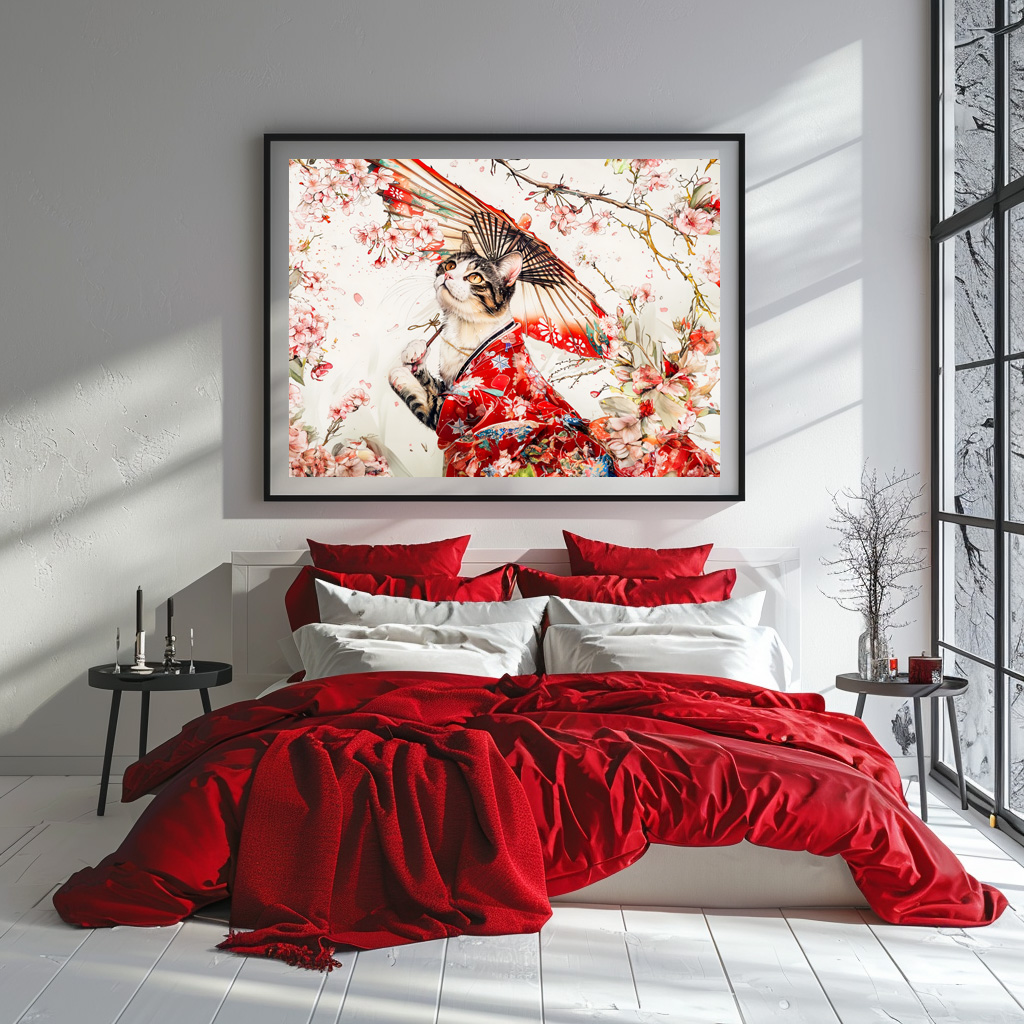 Poster: Serene Geisha Cat in Red Kimono and Cherry Blossoms, Chinese Ink Painting – Image 3