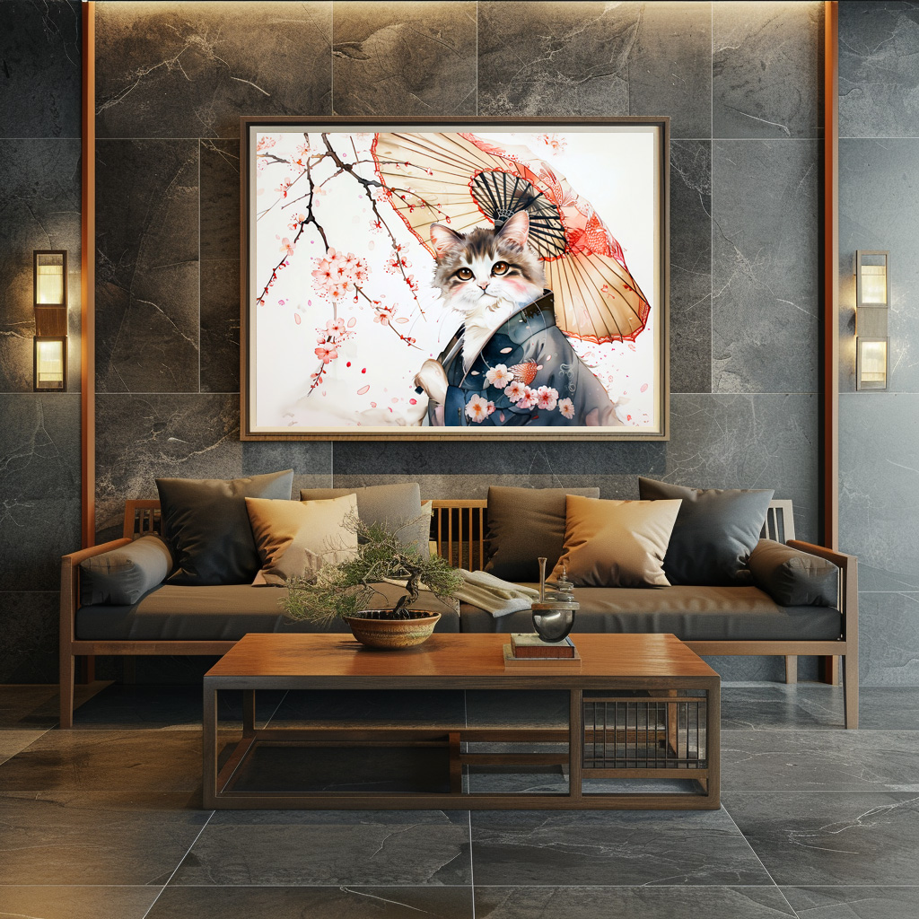 Poster: Noble Geisha Cat with Bamboo Umbrella in Chinese Ink Painting – Bild 2