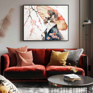 Poster: Noble Geisha Cat with Bamboo Umbrella in Chinese Ink Painting
