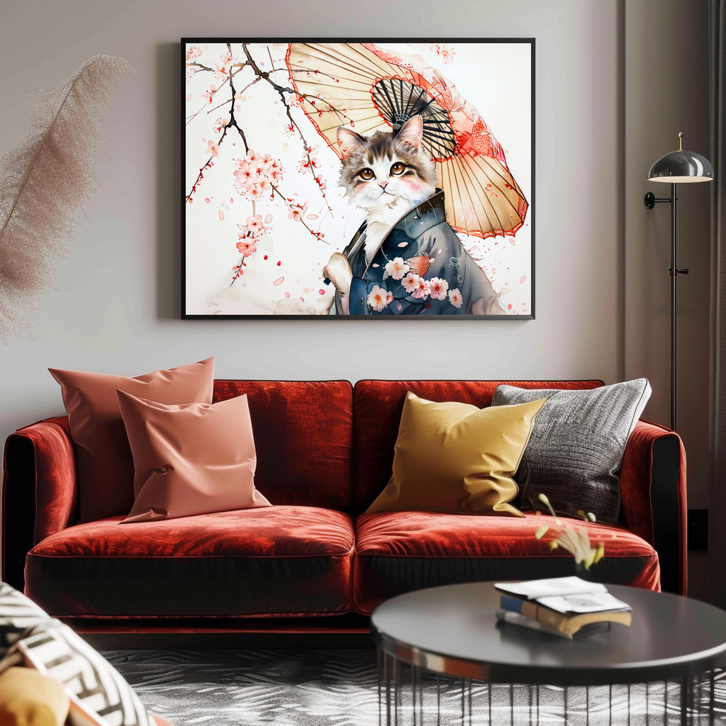 Poster: Noble Geisha Cat with Bamboo Umbrella in Chinese Ink Painting