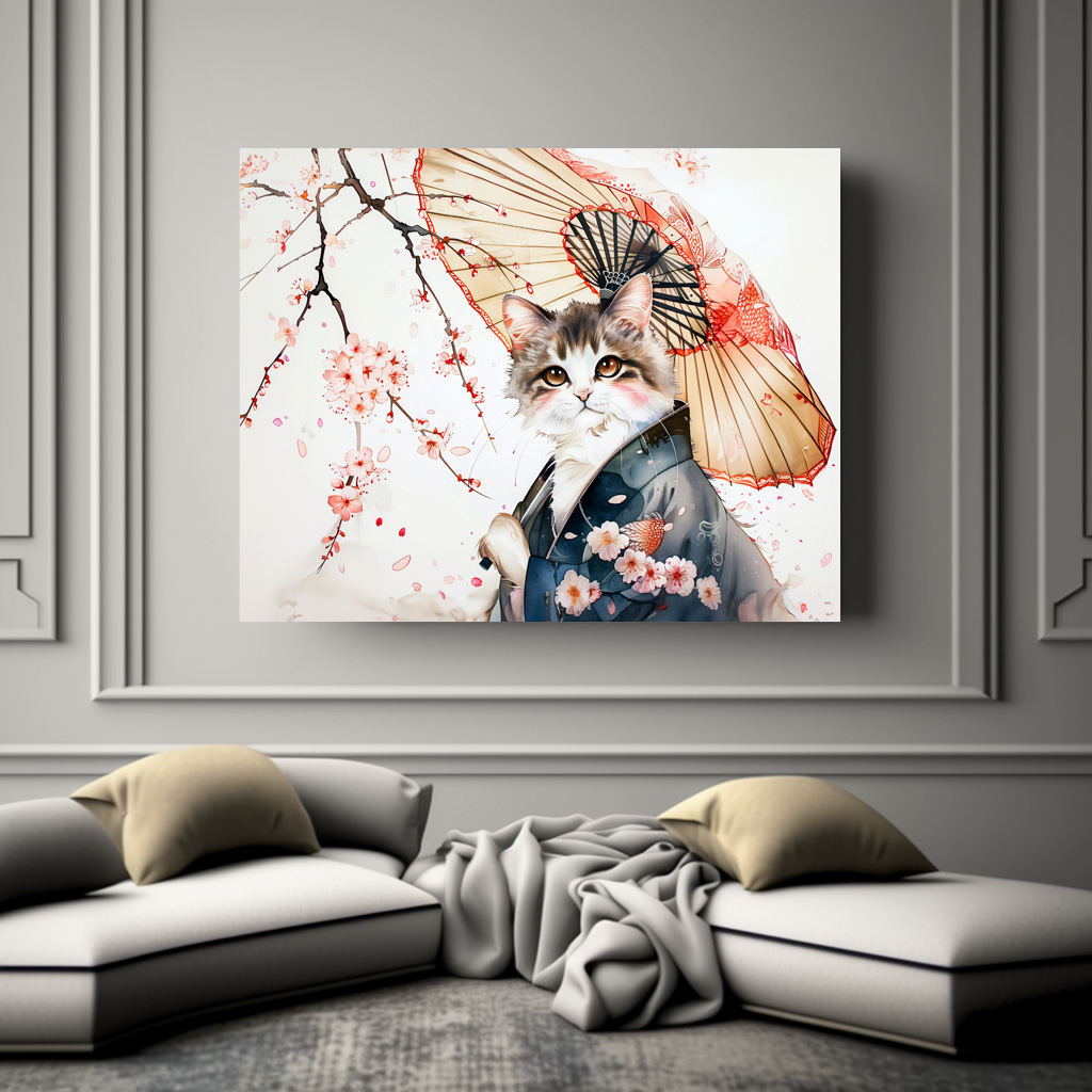 Poster: Noble Geisha Cat with Bamboo Umbrella in Chinese Ink Painting – Bild 3