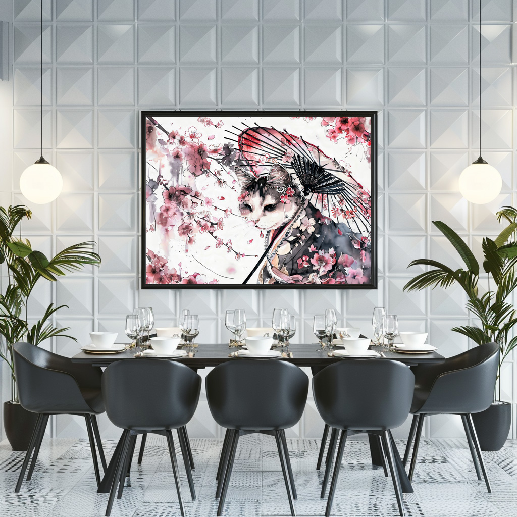 Poster: Geisha Cat with Parasol and Cherry Blossoms in Chinese Ink Painting – Bild 2