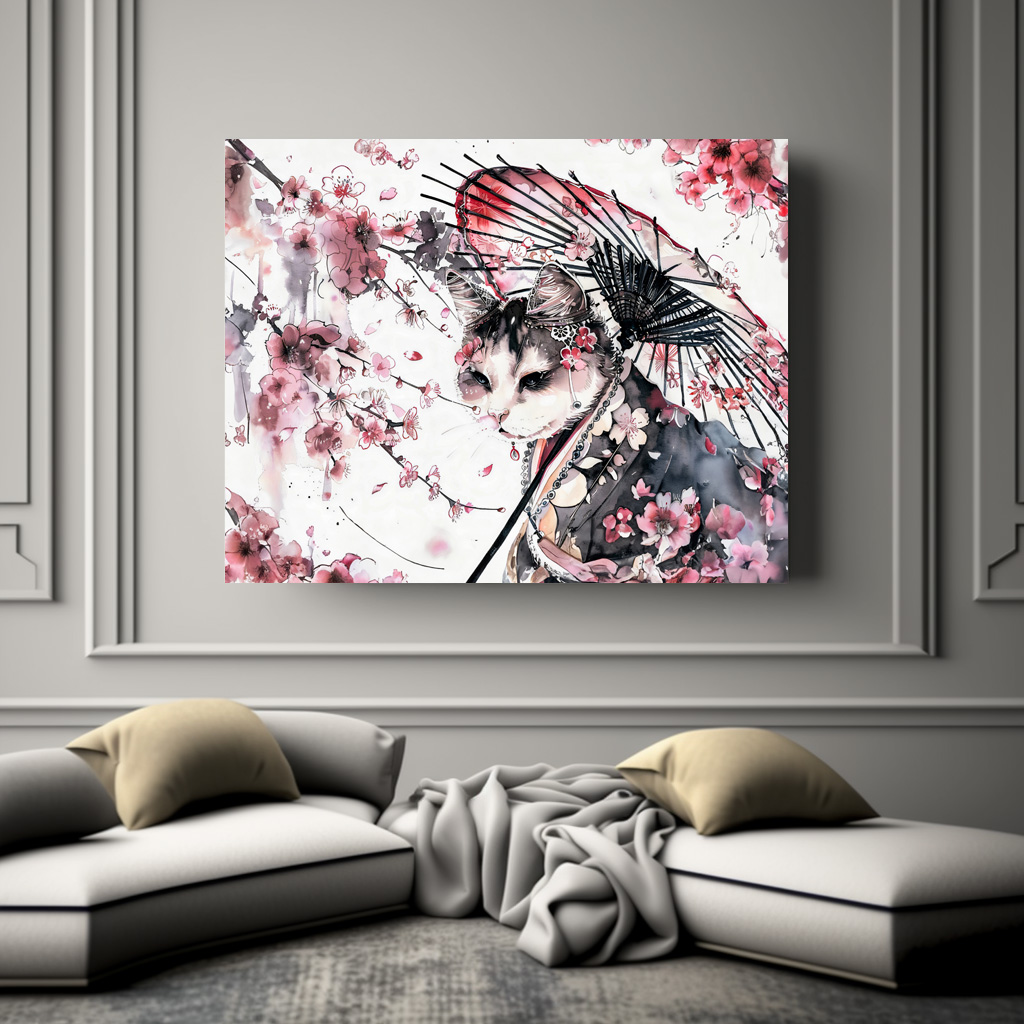 Poster: Geisha Cat with Parasol and Cherry Blossoms in Chinese Ink Painting – Bild 3