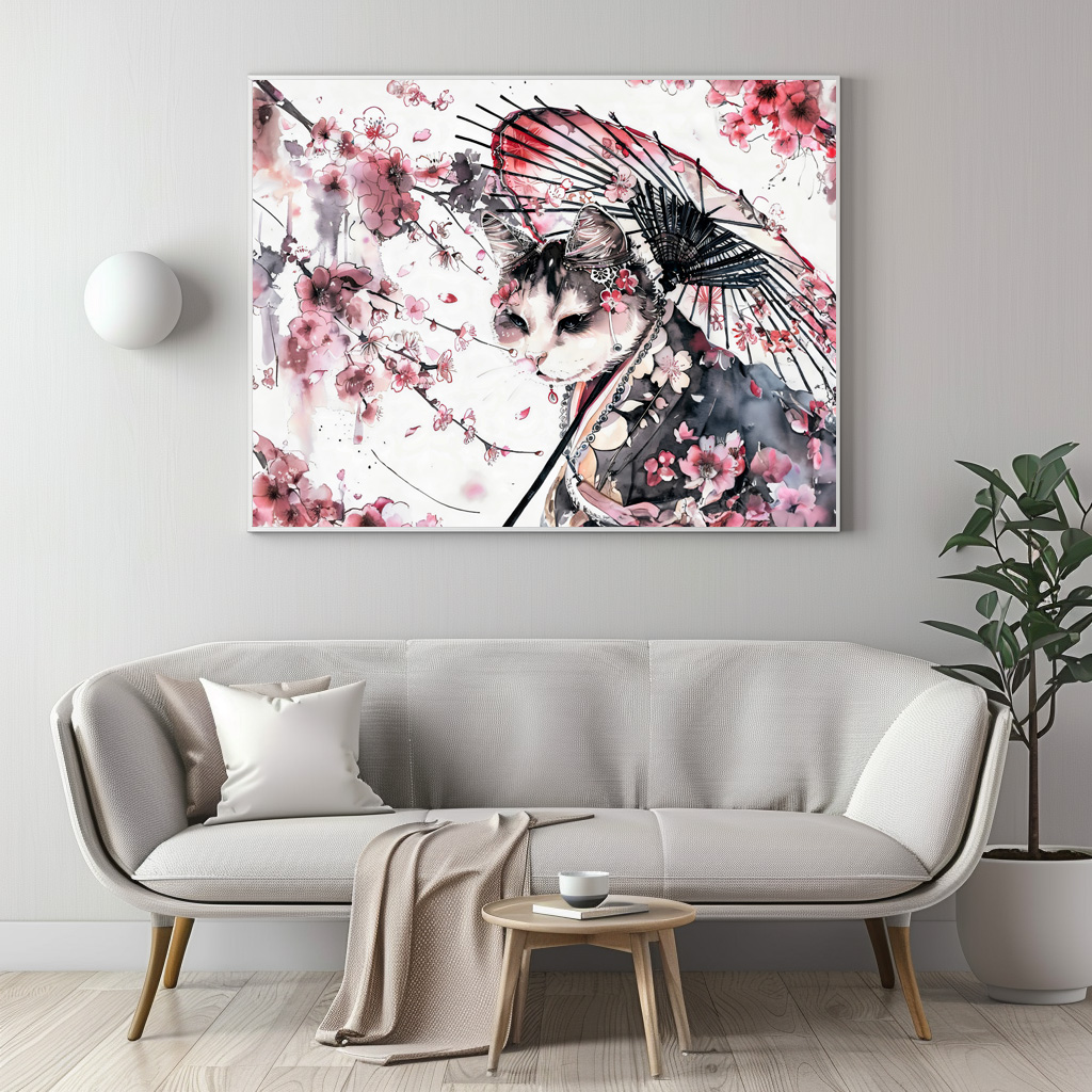 Poster: Geisha Cat with Parasol and Cherry Blossoms in Chinese Ink Painting