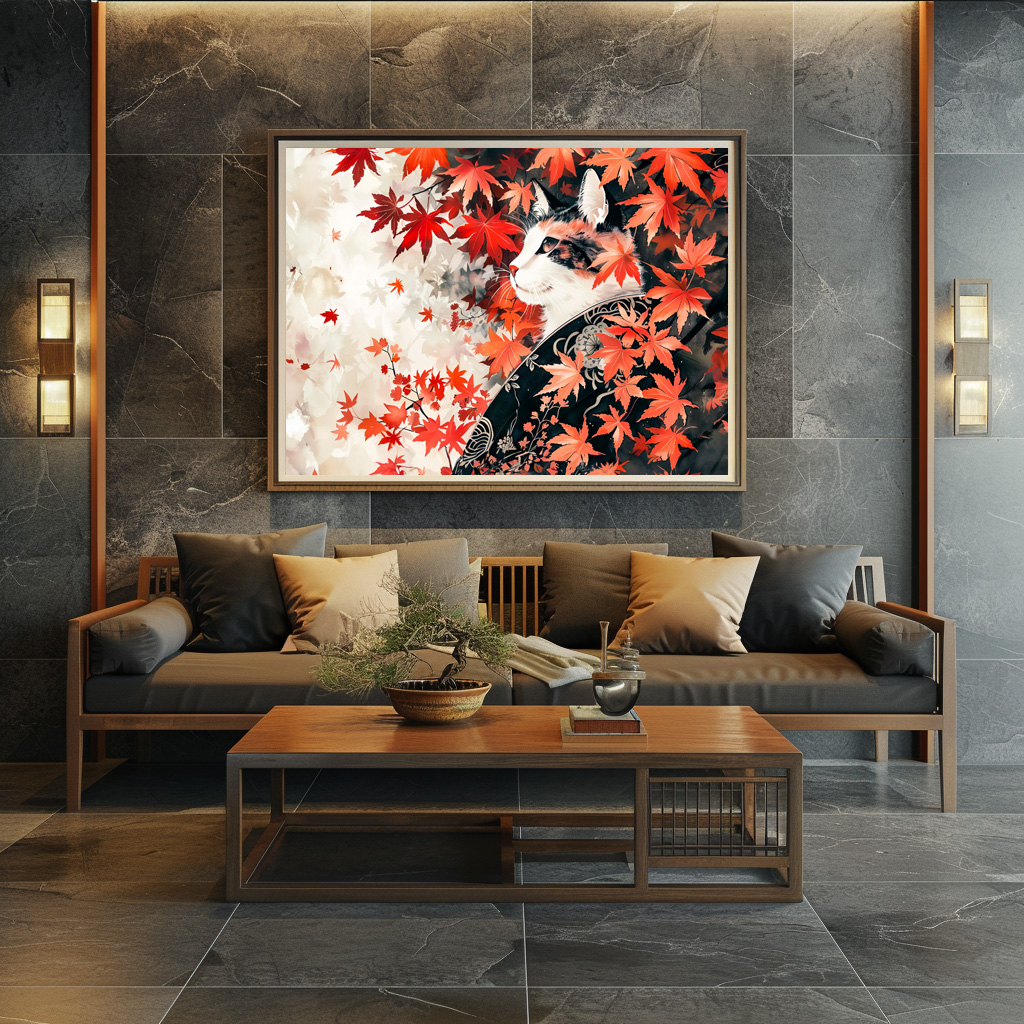 Poster: Black and White Geisha Cat Under Red Maple Leaves in Chinese Ink Painting Style