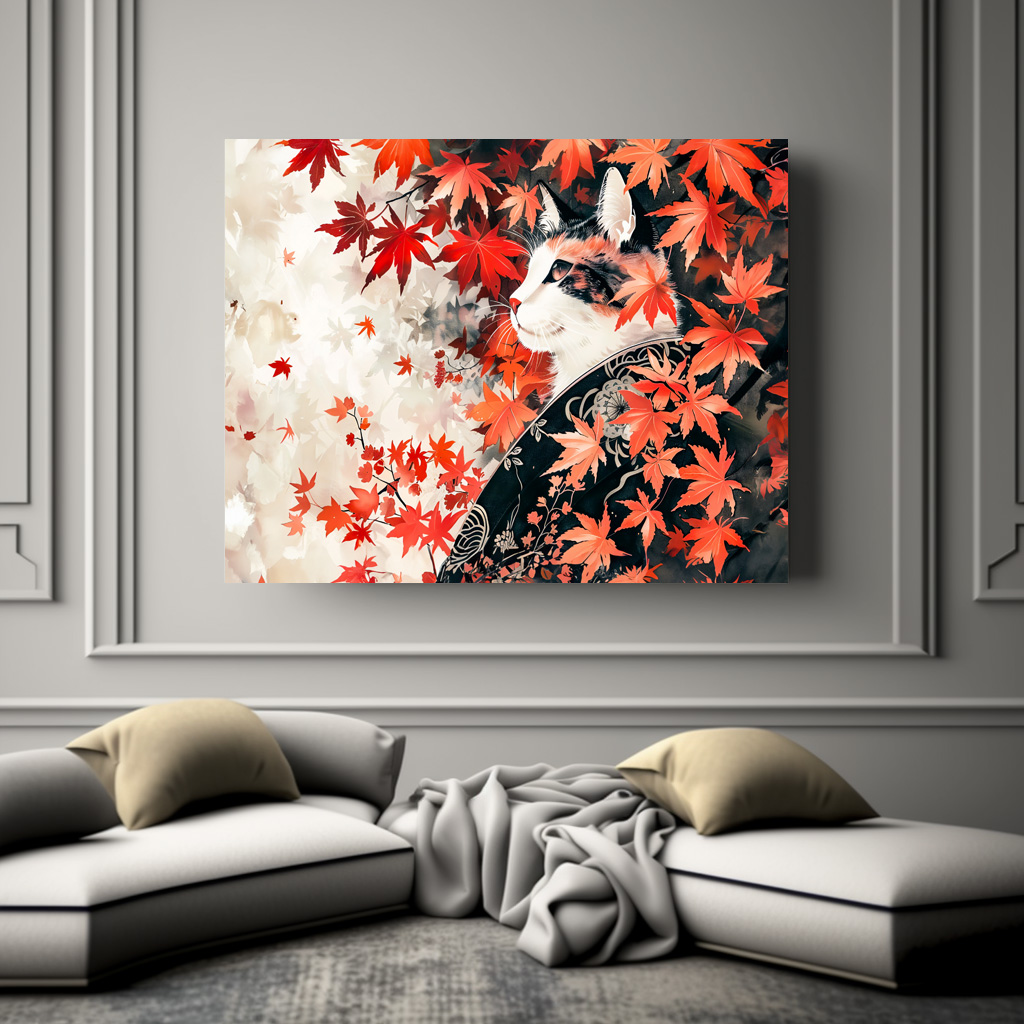 Poster: Black and White Geisha Cat Under Red Maple Leaves in Chinese Ink Painting Style – Bild 2