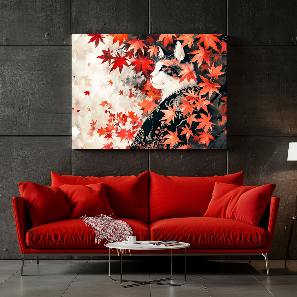 Poster: Black and White Geisha Cat Under Red Maple Leaves in Chinese Ink Painting Style – Bild 3